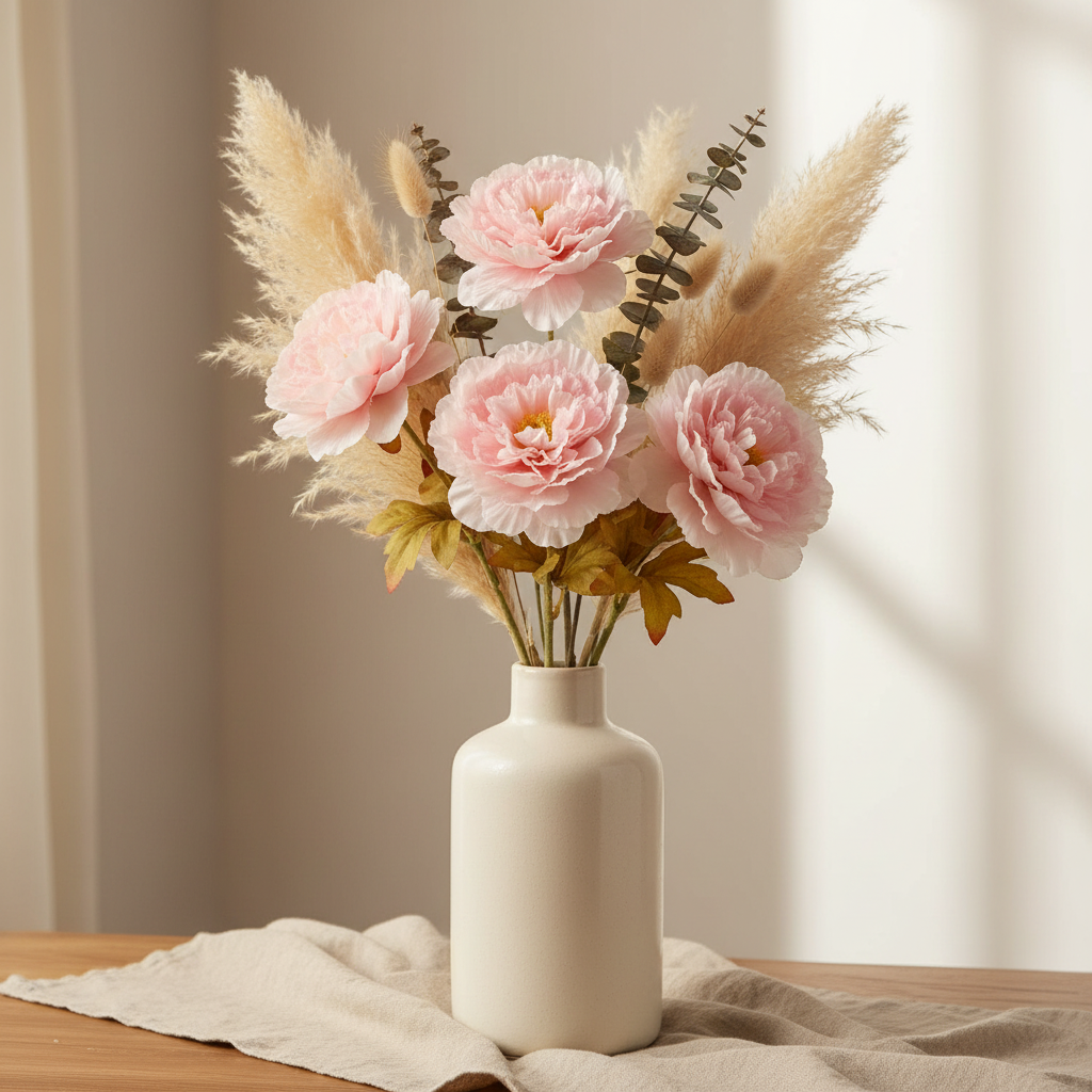 Blush pink peony flower picks arranged in a tall cream ceramic vase with pampas grass and eucalyptus, boho neutral lifestyle decor
