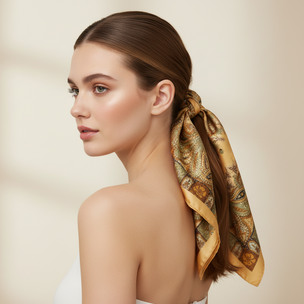 Woman with golden honey gold sage green paisley satin scarf tied around a ponytail as a chic hair wrap accessory