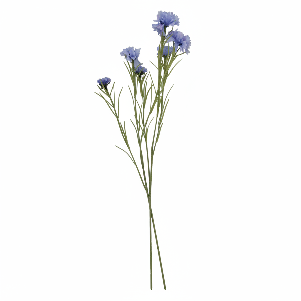 Two artificial periwinkle blue cornflower stems on pure white background, marketplace product photography