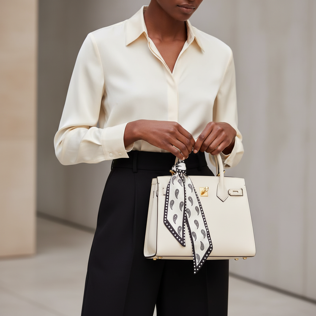 Cream and black paisley skinny scarf tied around designer handbag purse handle – twilly purse wrap accessory