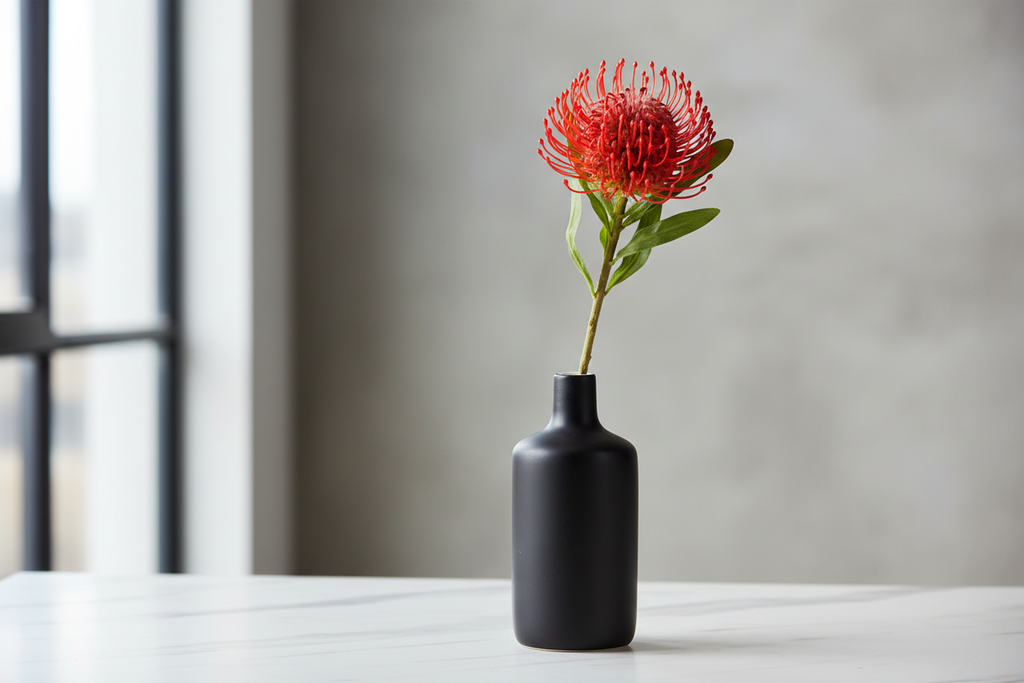 Red pincushion protea stem in modern black ceramic vase on white marble surface, bold contemporary home decor