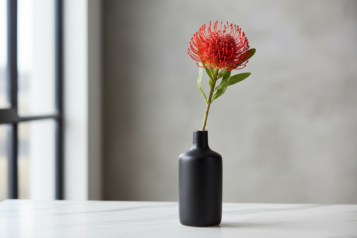 Red pincushion protea stem in modern black ceramic vase on white marble surface, bold contemporary home decor