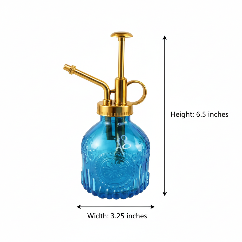 Blue glass plant mister measurement diagram showing 6.5 inches height and 3.25 inches width