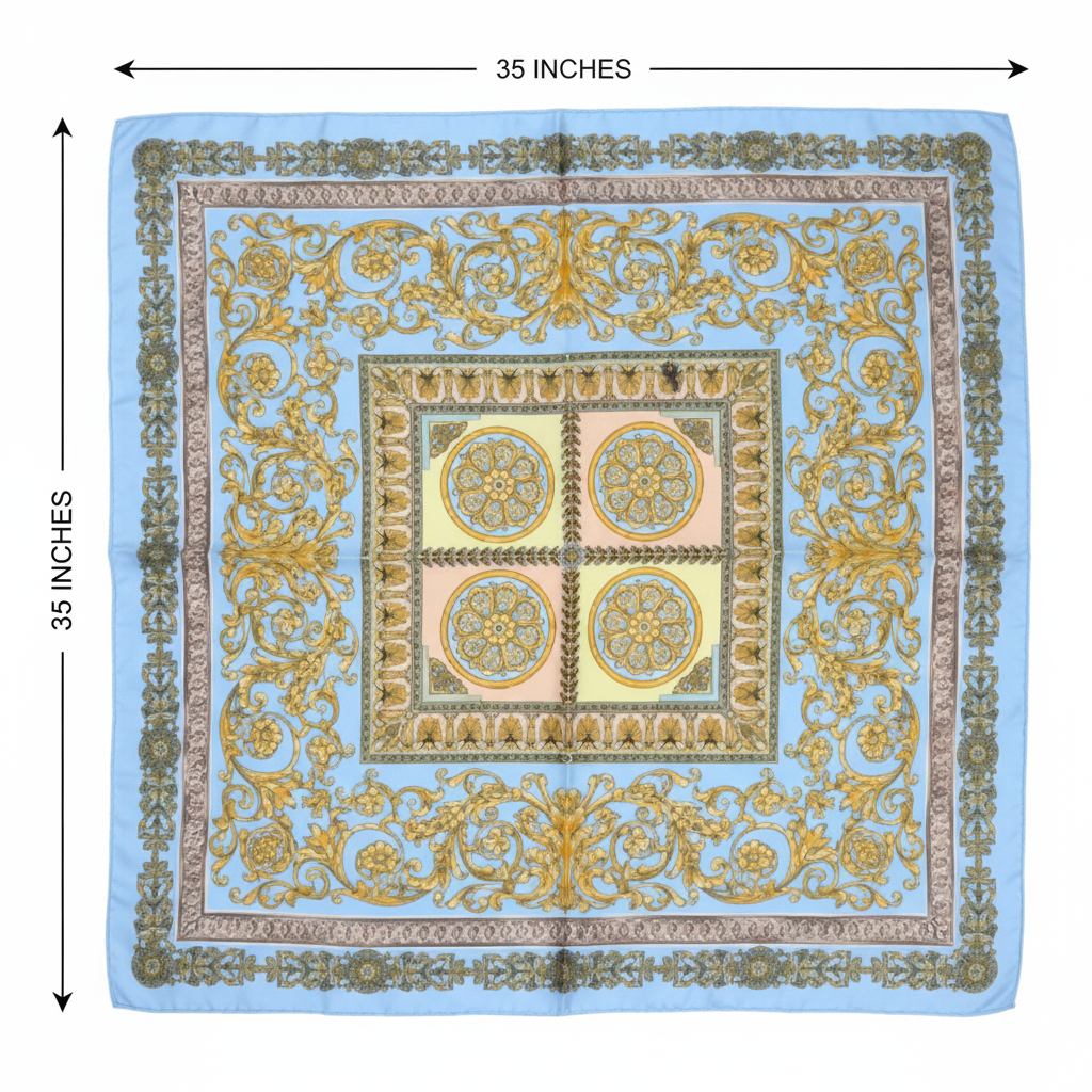 Measurement diagram showing baroque scarf dimensions 35 inches by 35 inches square with black lines