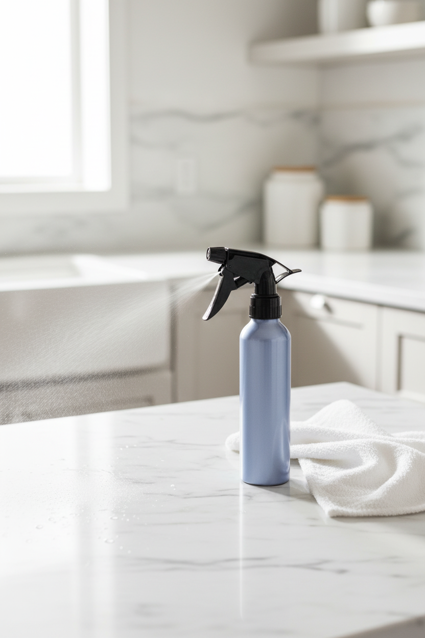 Metallic blue aluminum spray bottle on white marble kitchen counter with folded cloth, bright modern kitchen cleaning scene