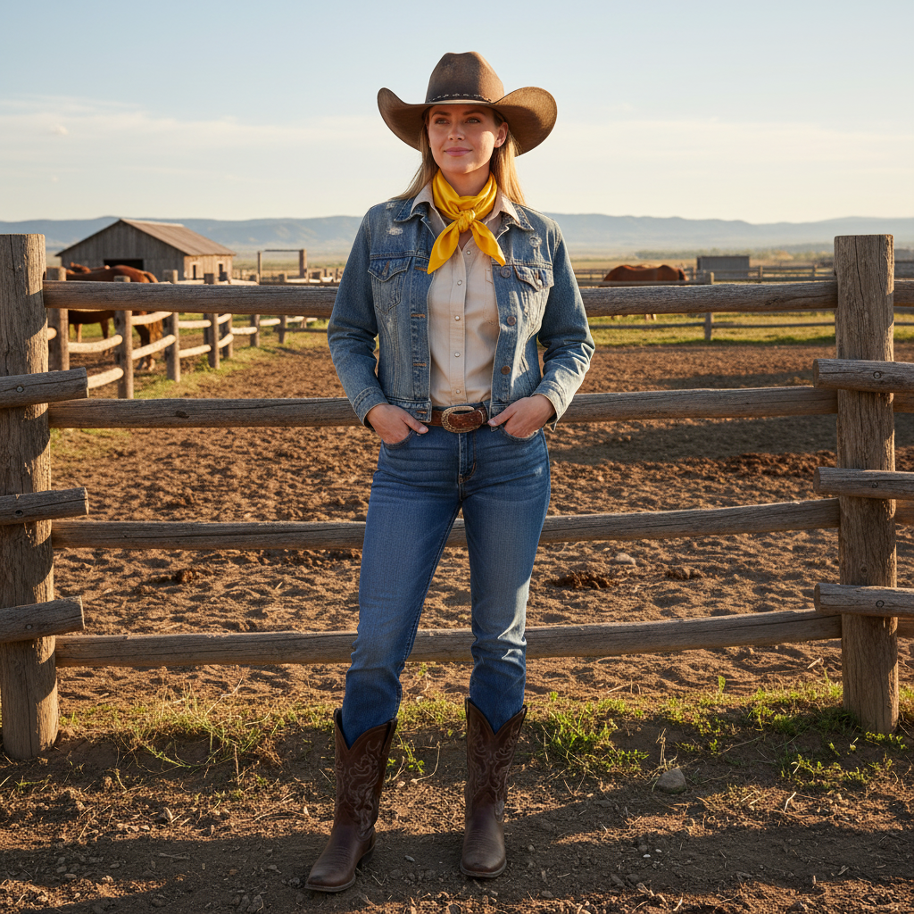 Woman wearing yellow wild rag scarf in traditional cowboy style at western ranch with denim jacket and cowboy hat