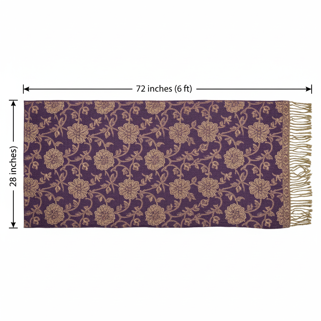 Purple gold paisley jacquard fringe scarf shawl measurement diagram showing 72 inch length and 28 inch width