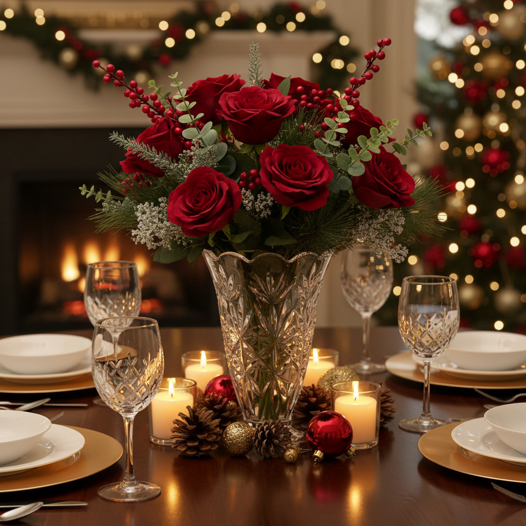 Fifth Avenue crystal vase holiday centerpiece with red roses and winter greenery on festive Christmas dining table with gold decorations