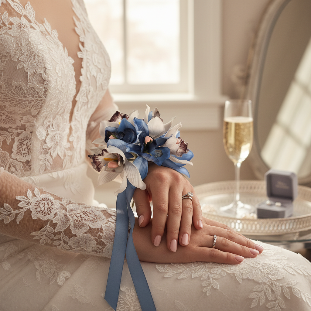 Bride wearing delicate blue and ivory Cymbidium orchid wrist corsage with dusty blue ribbon and modern lace wedding dress