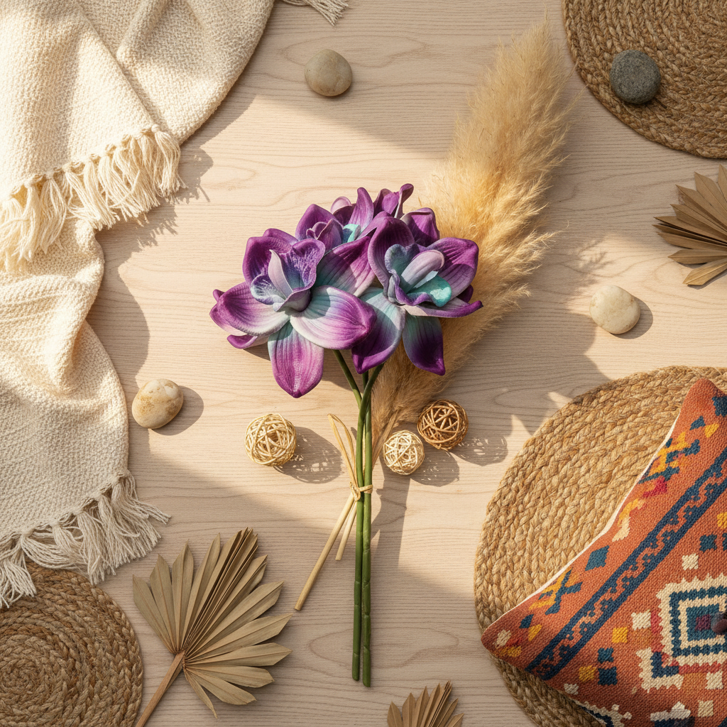 Boho tropical flat lay with artificial purple teal orchid stems alongside rattan accents and pampas grass on wood surface
