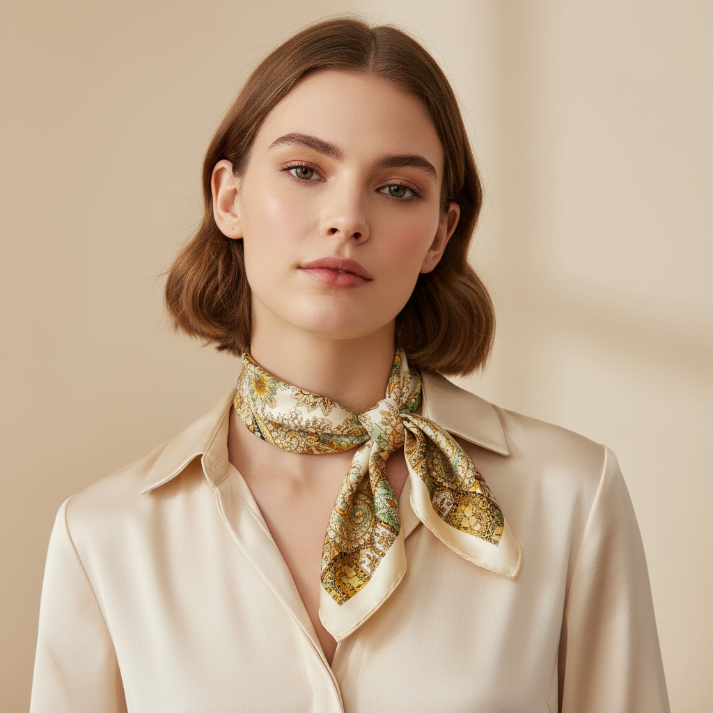Woman wearing cream ivory gold sage green paisley satin scarf tied as classic neck scarf – elegant and sophisticated styling