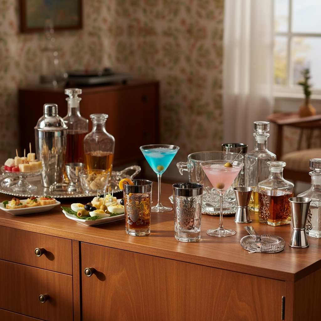 Vintage cocktail party tablescape with Kimiko silver guardian shield highball glasses filled with classic cocktails on mid-century modern sideboard