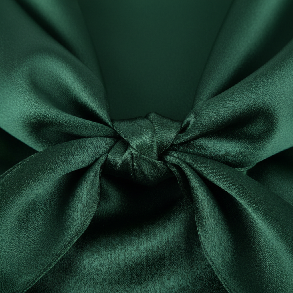 Close-up of forest green satin fabric showing smooth silky texture and luxurious sheen detail