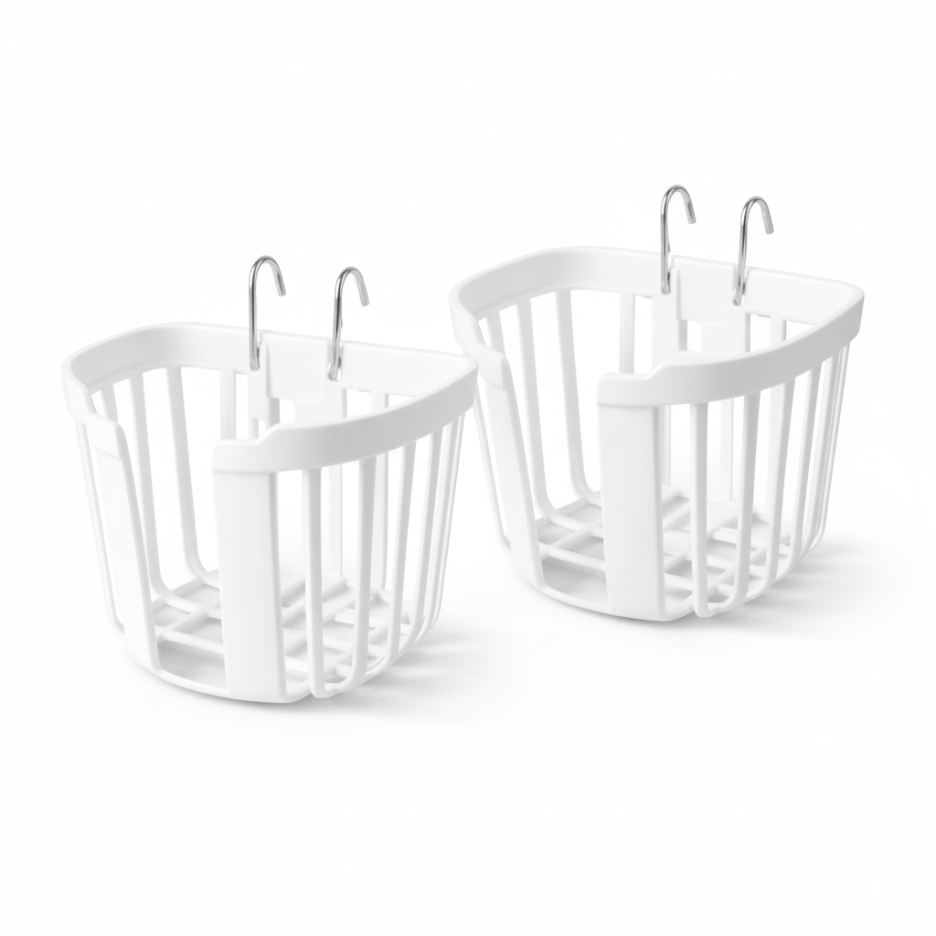 Set of 2 white acrylic staghorn fern hanging planter baskets with metal hooks on white background