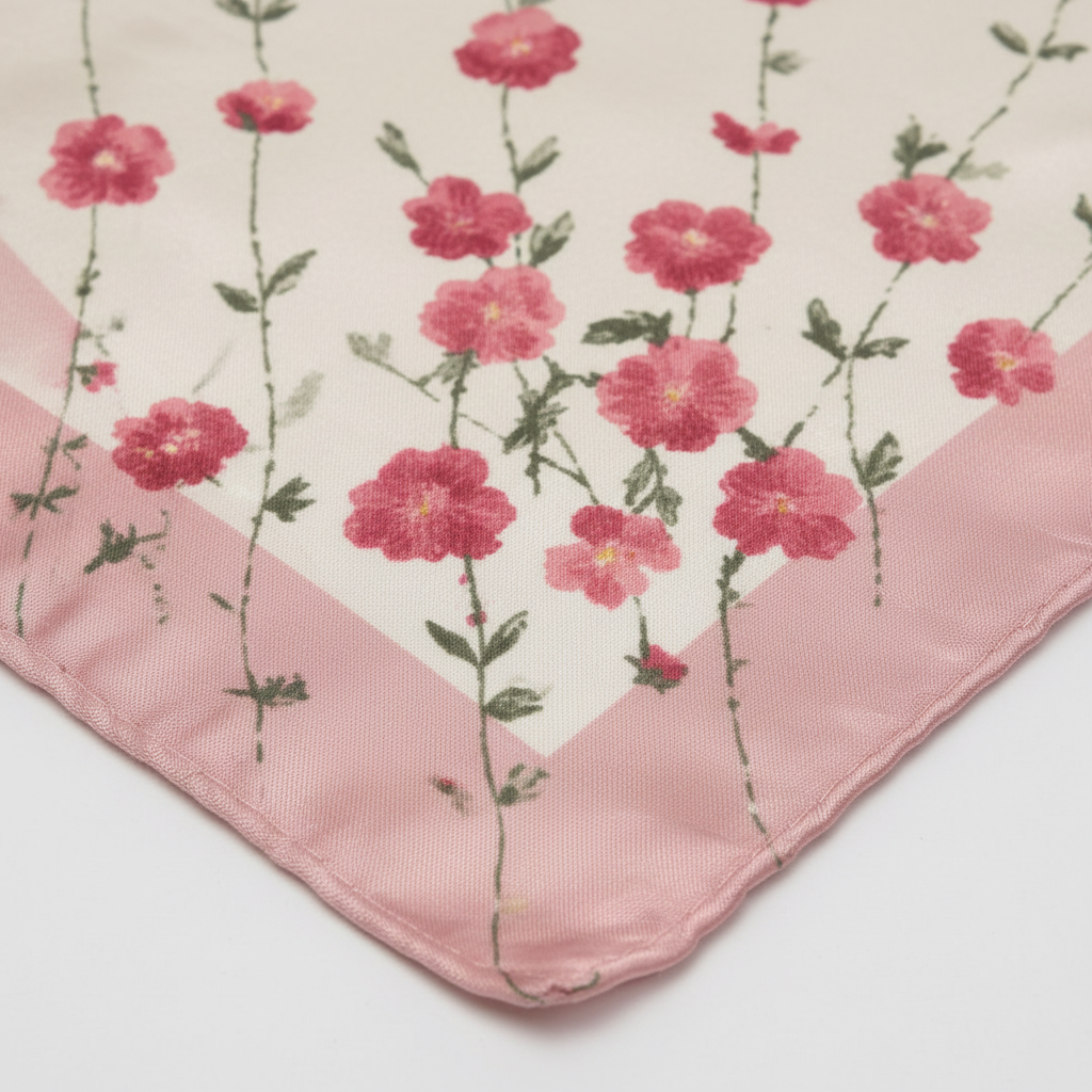 Close-up detail of pink floral satin scarf showing raspberry blossom pattern and fabric texture