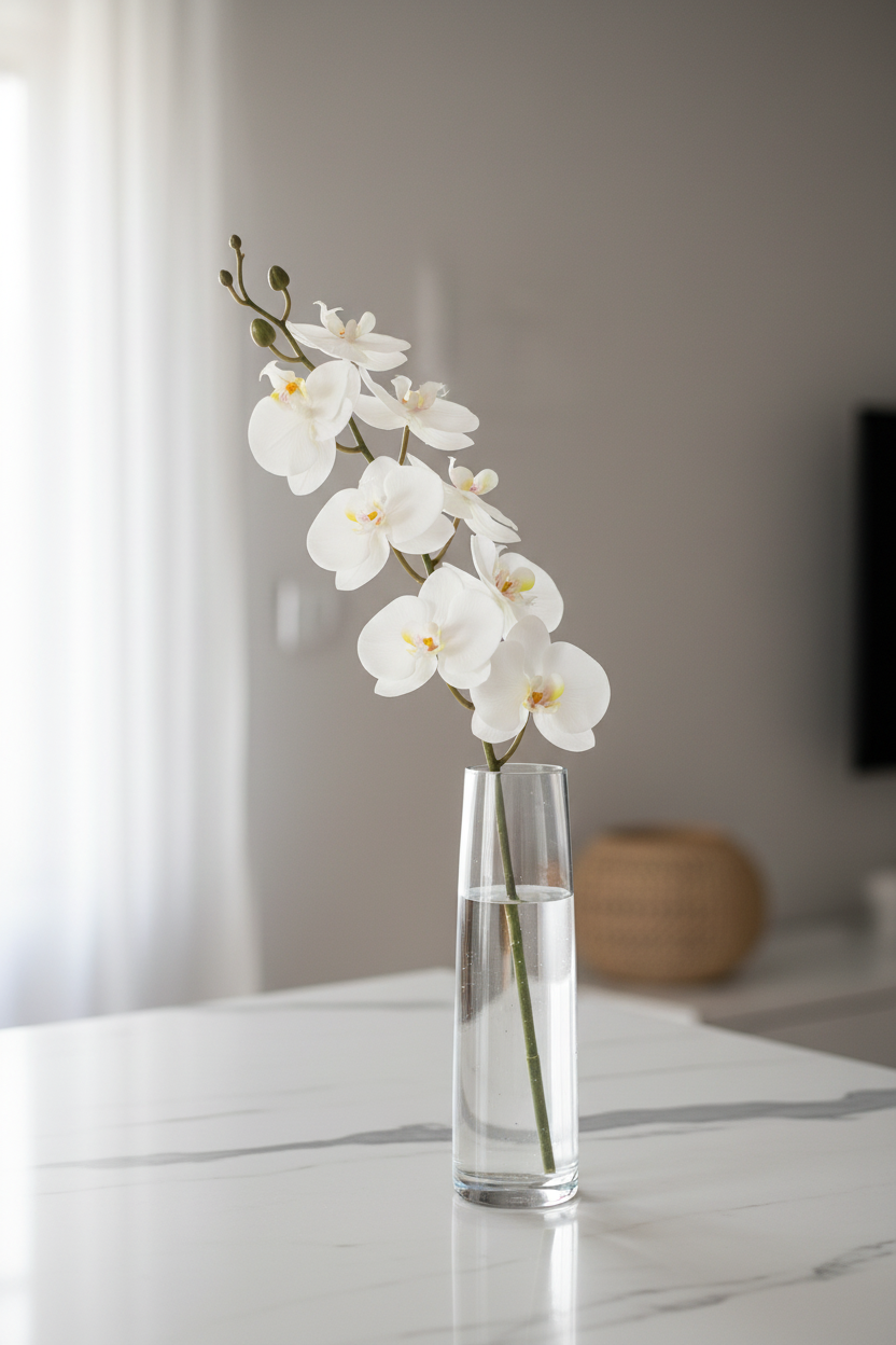 White Phalaenopsis orchid stem in tall clear glass vase on white marble countertop, elegant minimalist home decor