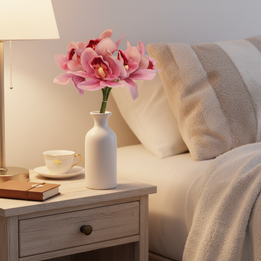 Soft pink Cymbidium orchid bouquet in white ceramic vase on bedroom nightstand romantic home decor