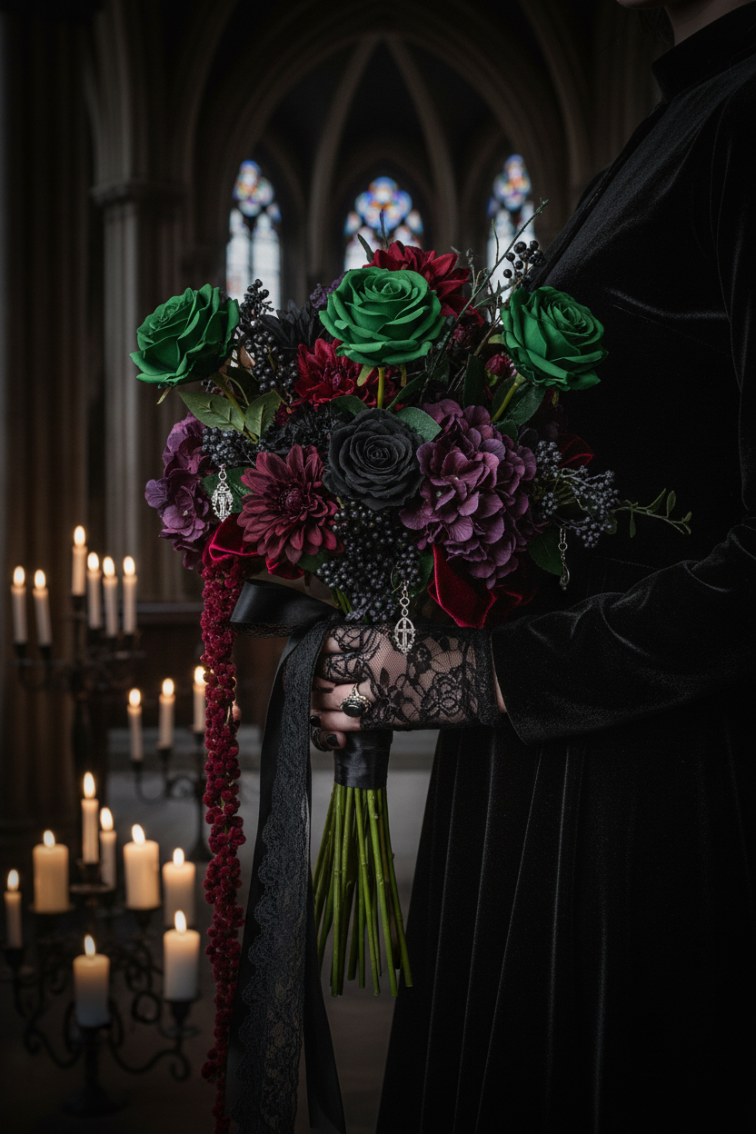 Set of 6 emerald green artificial rose stems styled as a gothic wedding bridal bouquet with dark cathedral candlelight and black lace accents