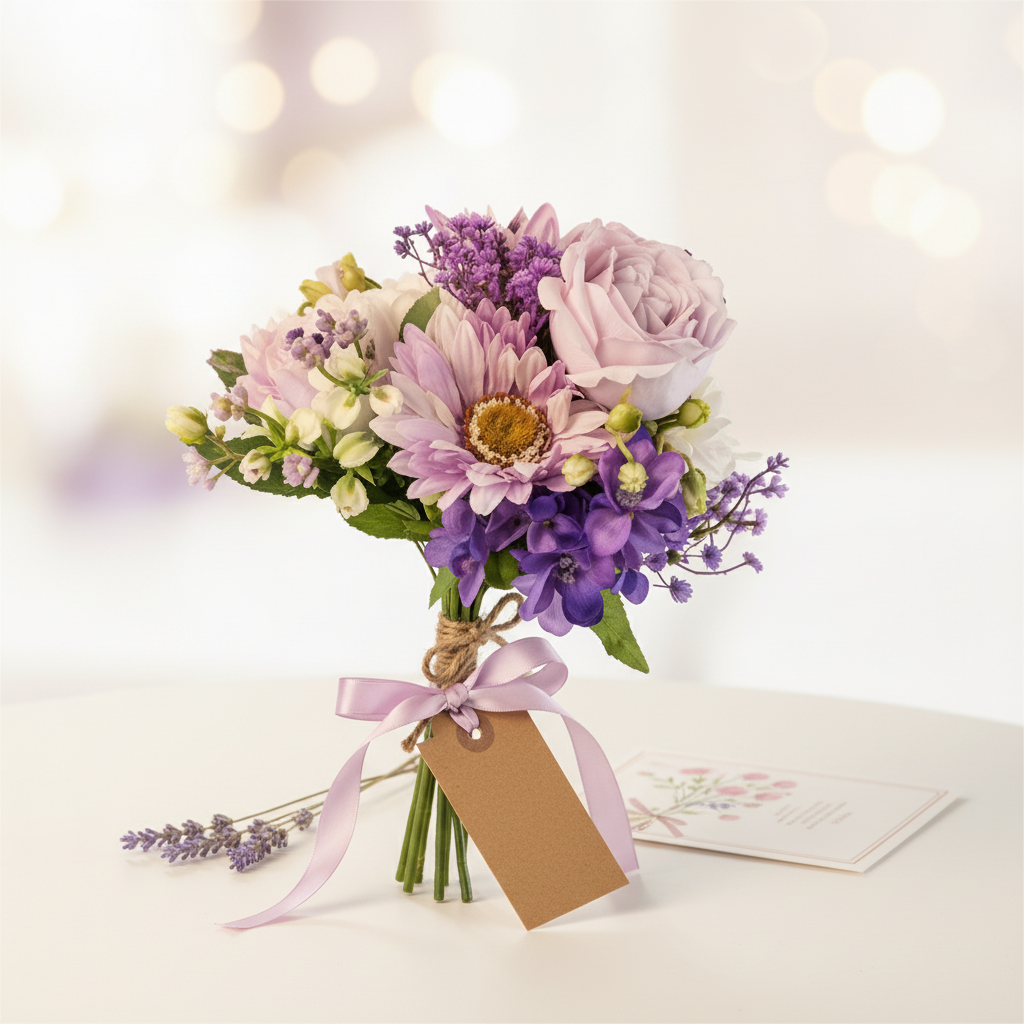 Lavender purple artificial bouquet presented as a gift with kraft paper tag soft ribbon and dried lavender sprigs