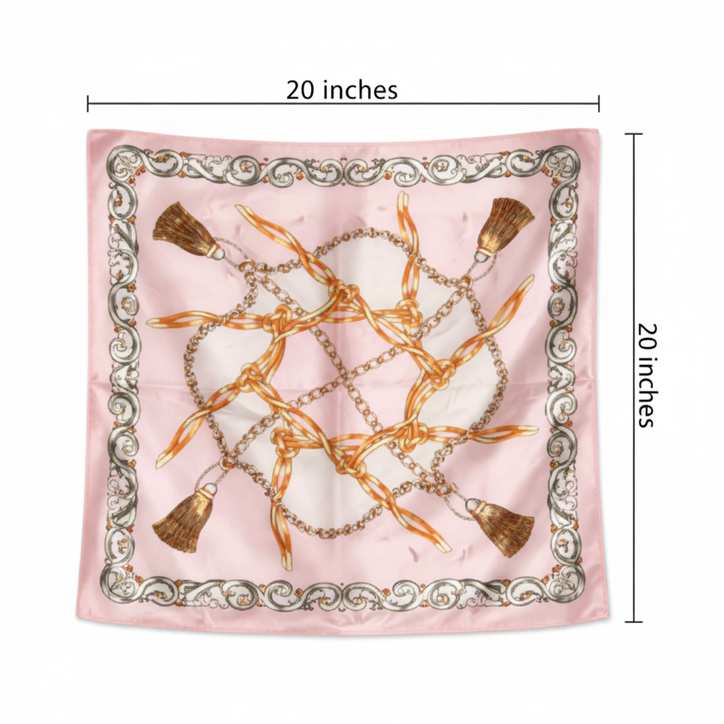 Pink chain print satin scarf measurement diagram showing 20x20 inch square dimensions