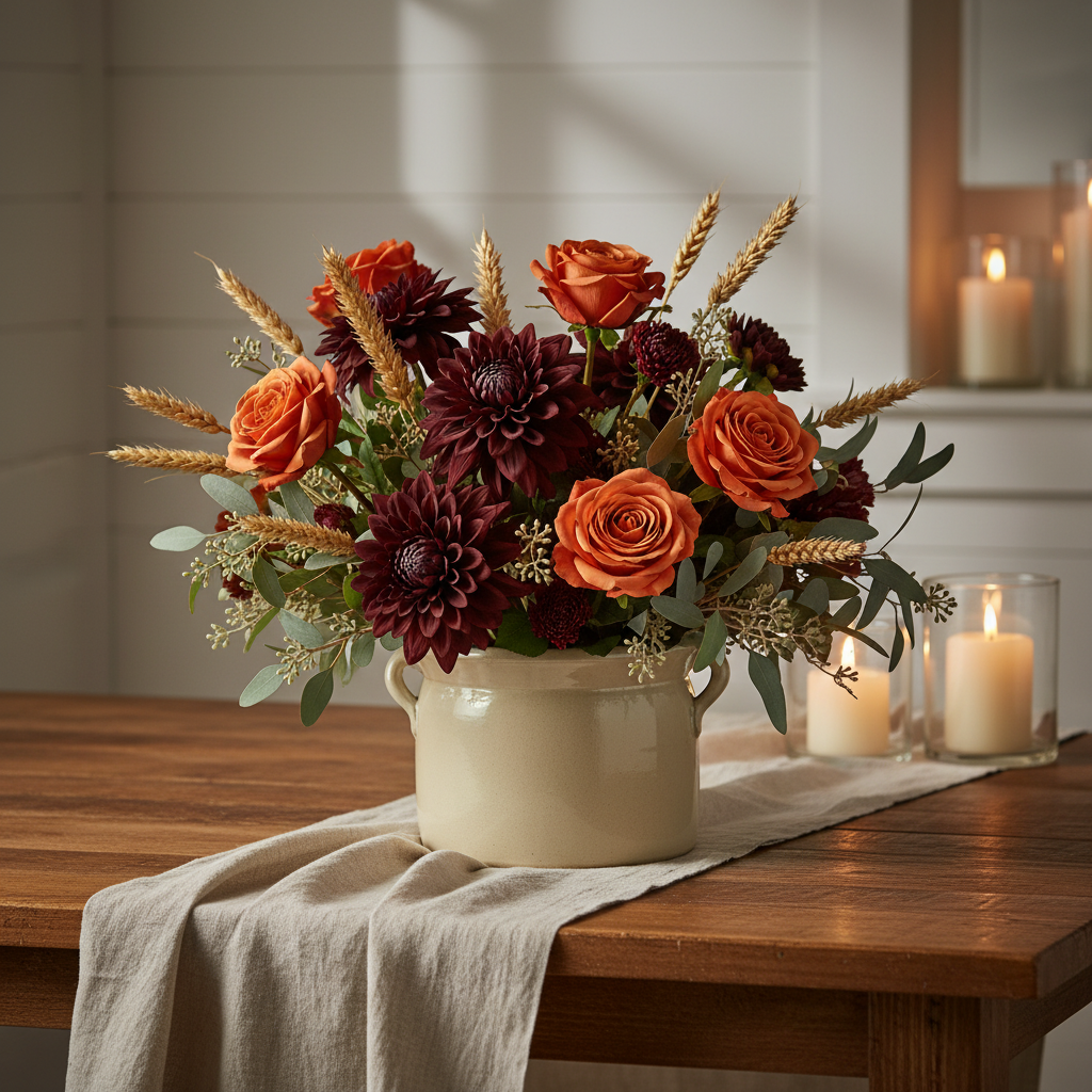 Artificial terracotta roses with burgundy dahlias, wheat stems, and eucalyptus in a cream stoneware crock on a linen-draped farmhouse dining table with white shiplap wall and candlelight