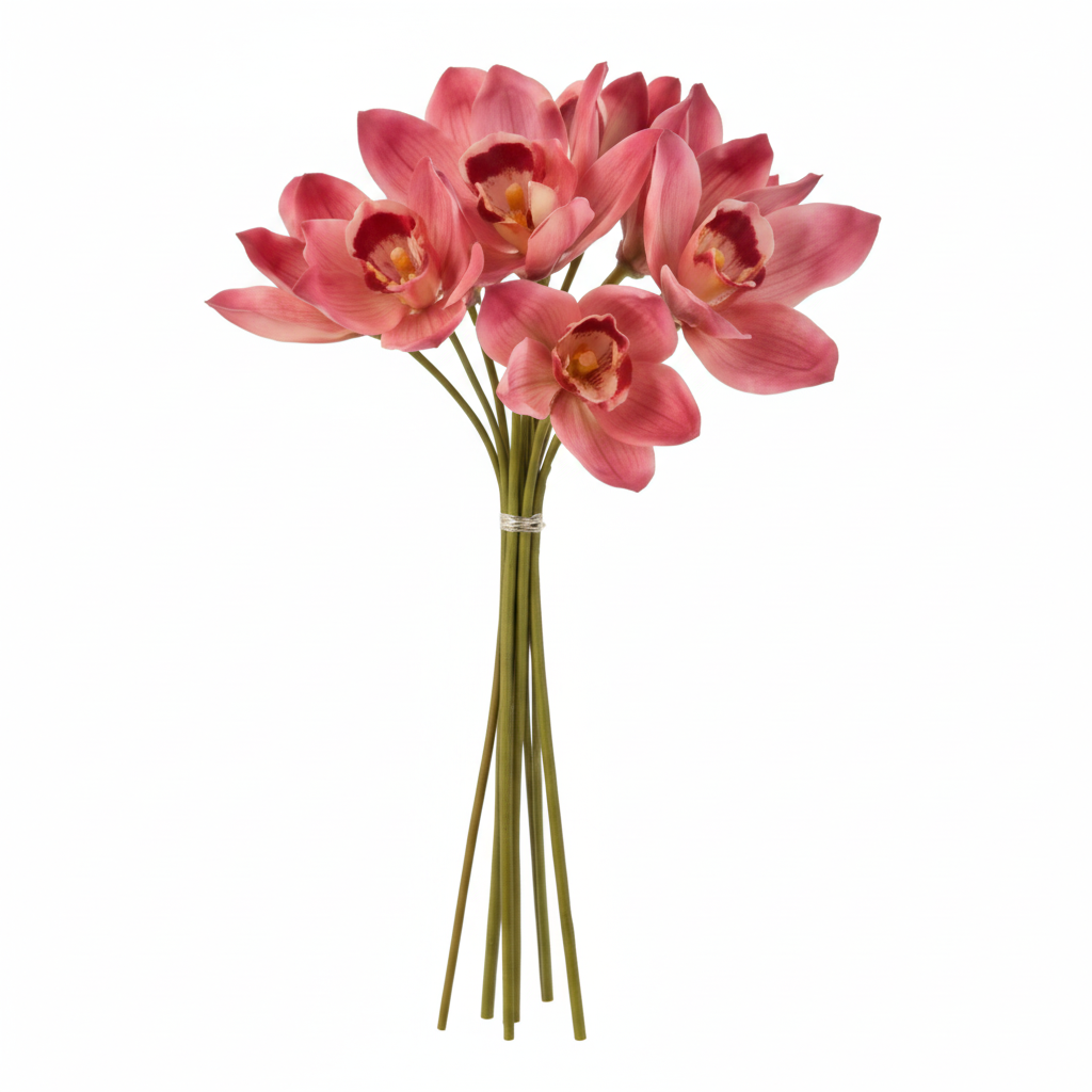 Artificial pink and burgundy Cymbidium orchid bouquet set of 6 stems on pure white background, faux orchid floral arrangement 15 inch