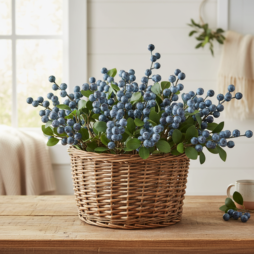 Artificial huckleberry berry stems displayed in a wicker basket for farmhouse cottage decor