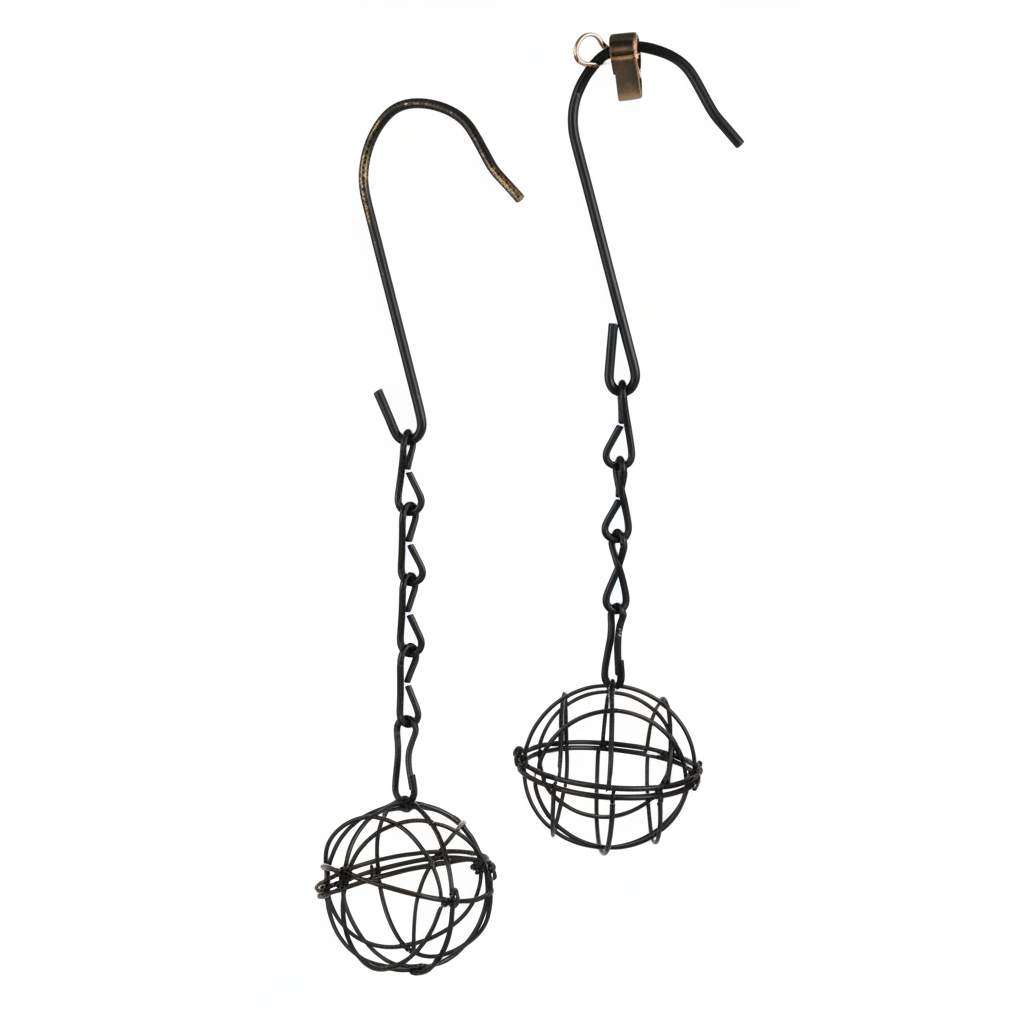 Black metal hanging sphere plant holders set of 2 with hooks and chains on white background, 2.75 inch diameter wire planters