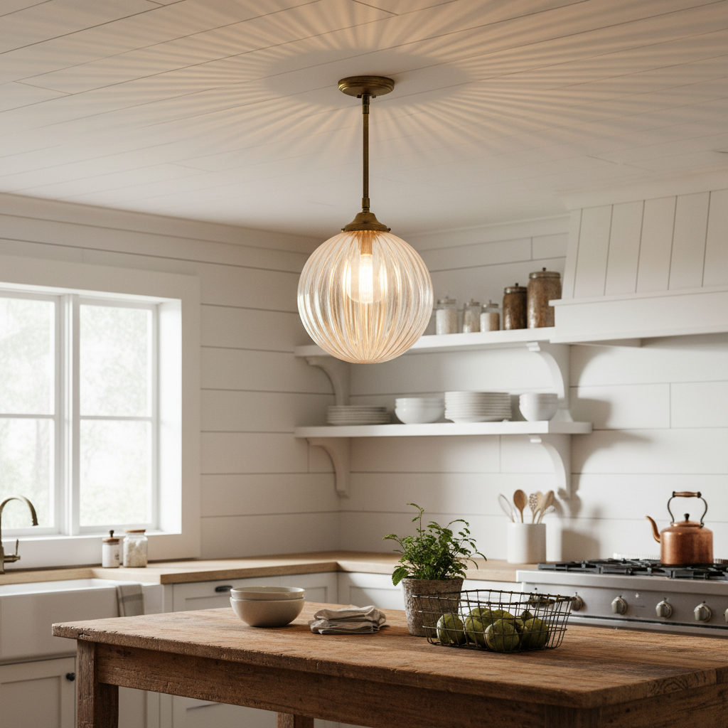 Ribbed glass globe light shade installed on vintage brass fixture in farmhouse kitchen, showing diffused warm lighting