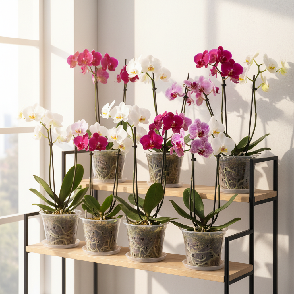 Multiple orchids in clear pots on modern plant shelf display