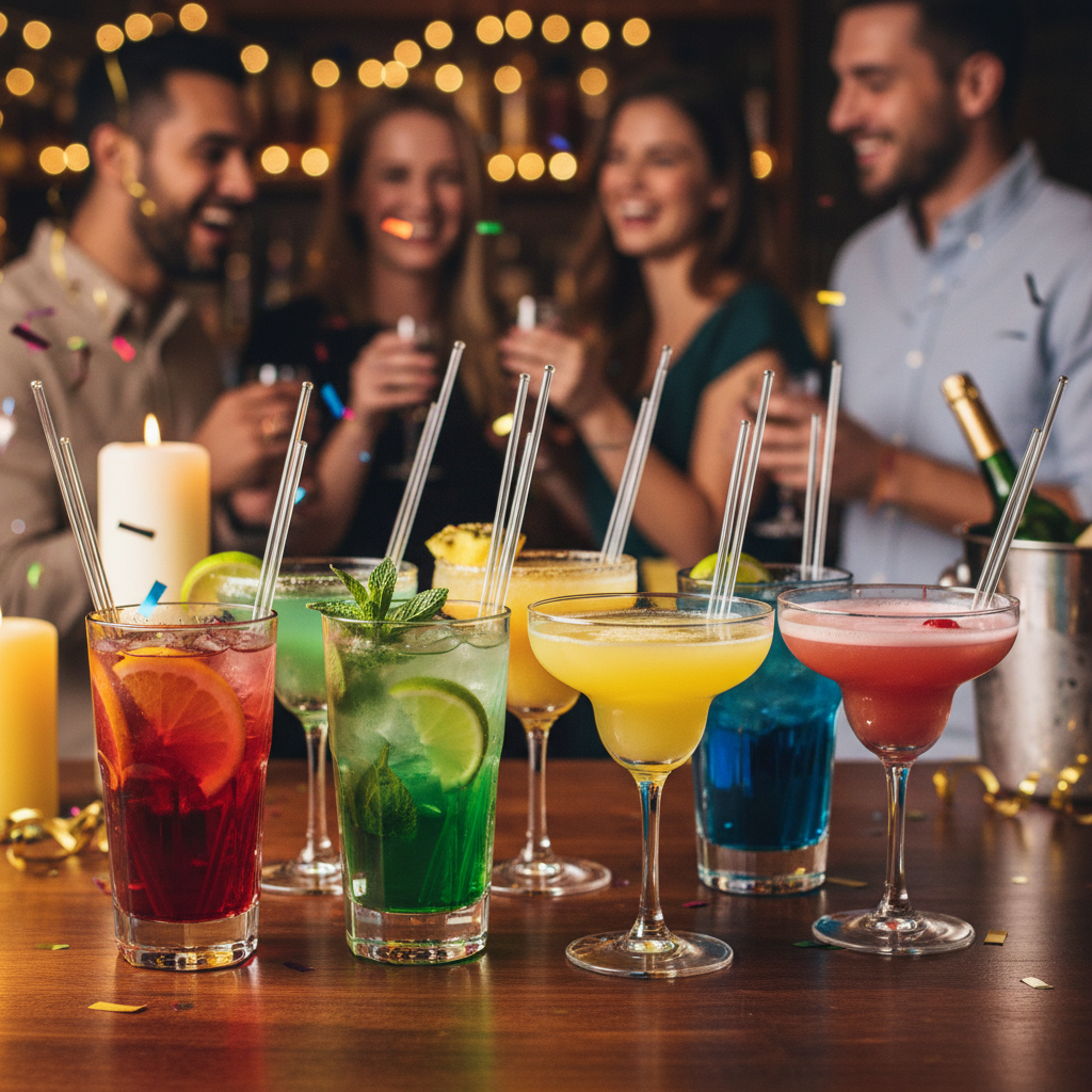 Multiple clear glass stir sticks in colorful cocktail glasses at party, festive entertaining and celebration setting