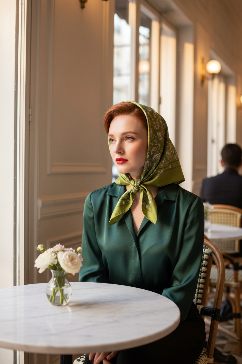 Woman with auburn red hair wearing olive green satin paisley scarf as a vintage head scarf tied under the chin over a forest green blouse at a Parisian cafe