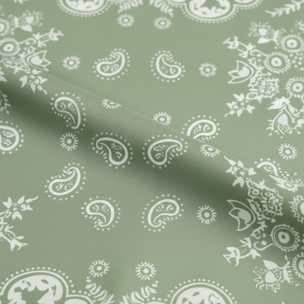 Close-up fabric detail of muted sage green satin polyester with intricate white paisley print, smooth silky texture with subtle sheen