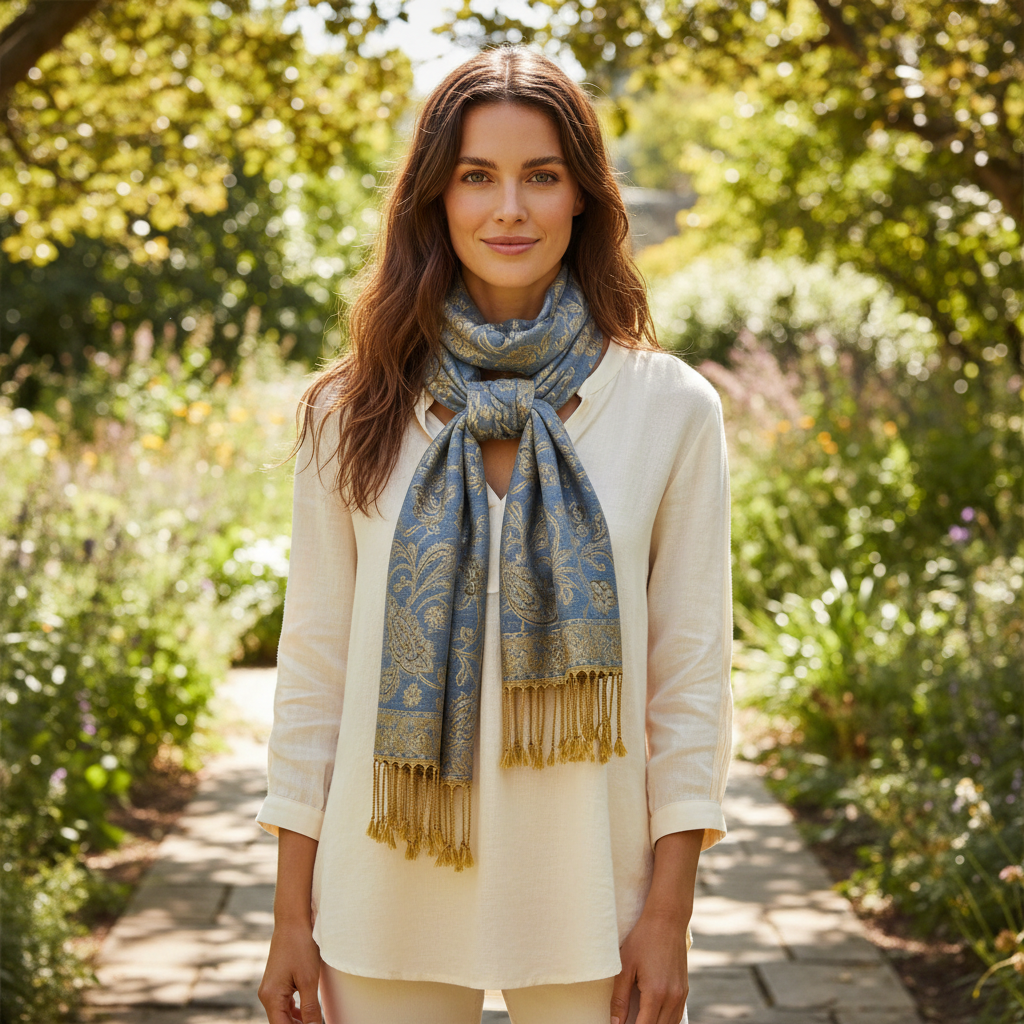 Woman wearing denim blue gold paisley jacquard scarf tied as boho neck scarf over cream blouse outdoors