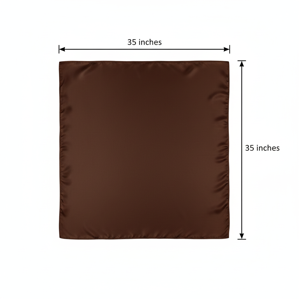 Chocolate brown wild rag scarf measurement diagram showing 35 inches by 35 inches dimensions