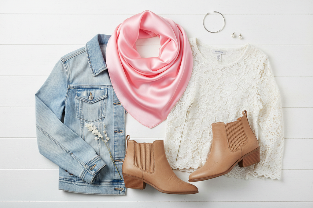 Light pink wild rag with light denim jacket, white lace top, and tan leather boots, soft pastel styling