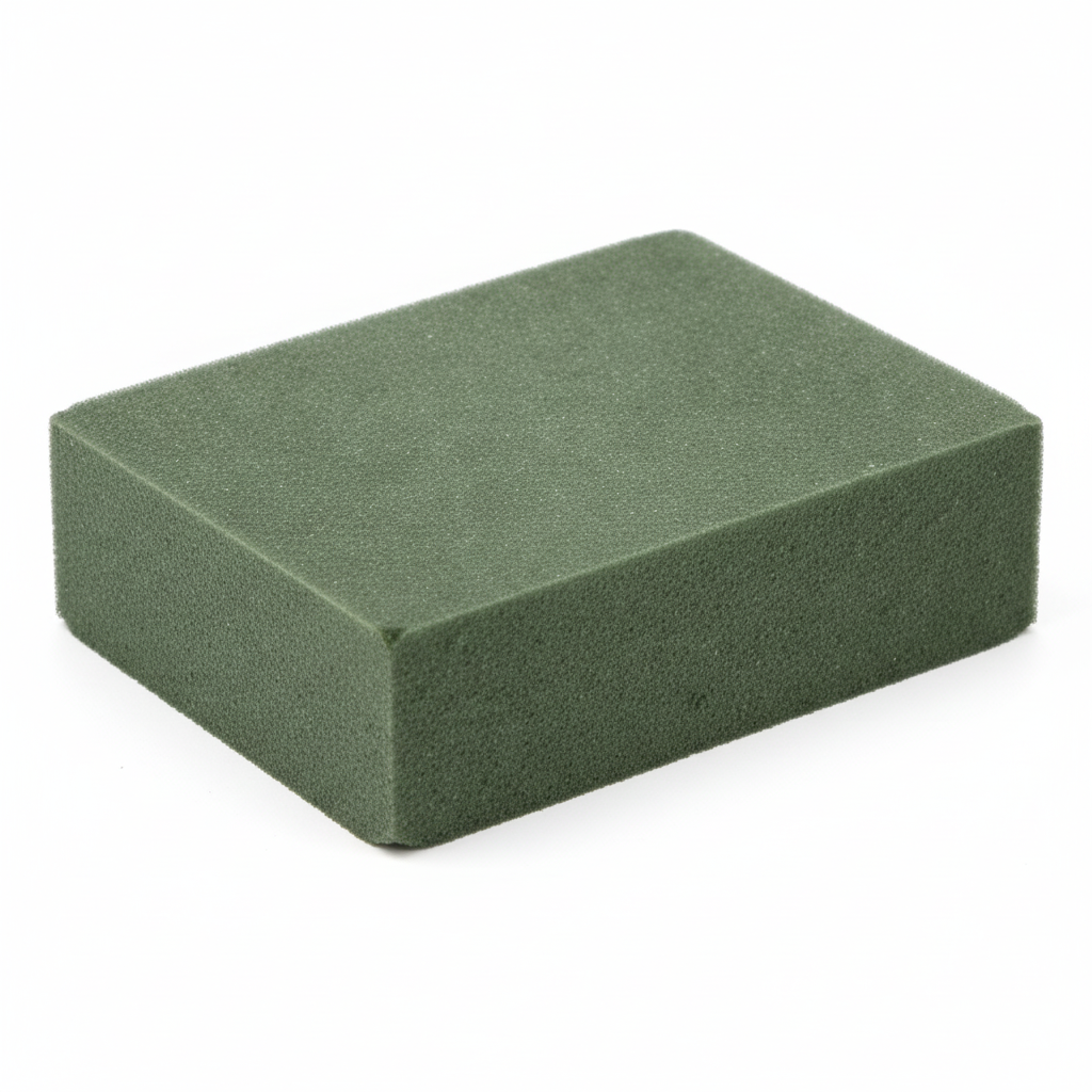 Single small green wet floral foam block 4x3x1.5 inches on white background for fresh flower arrangements