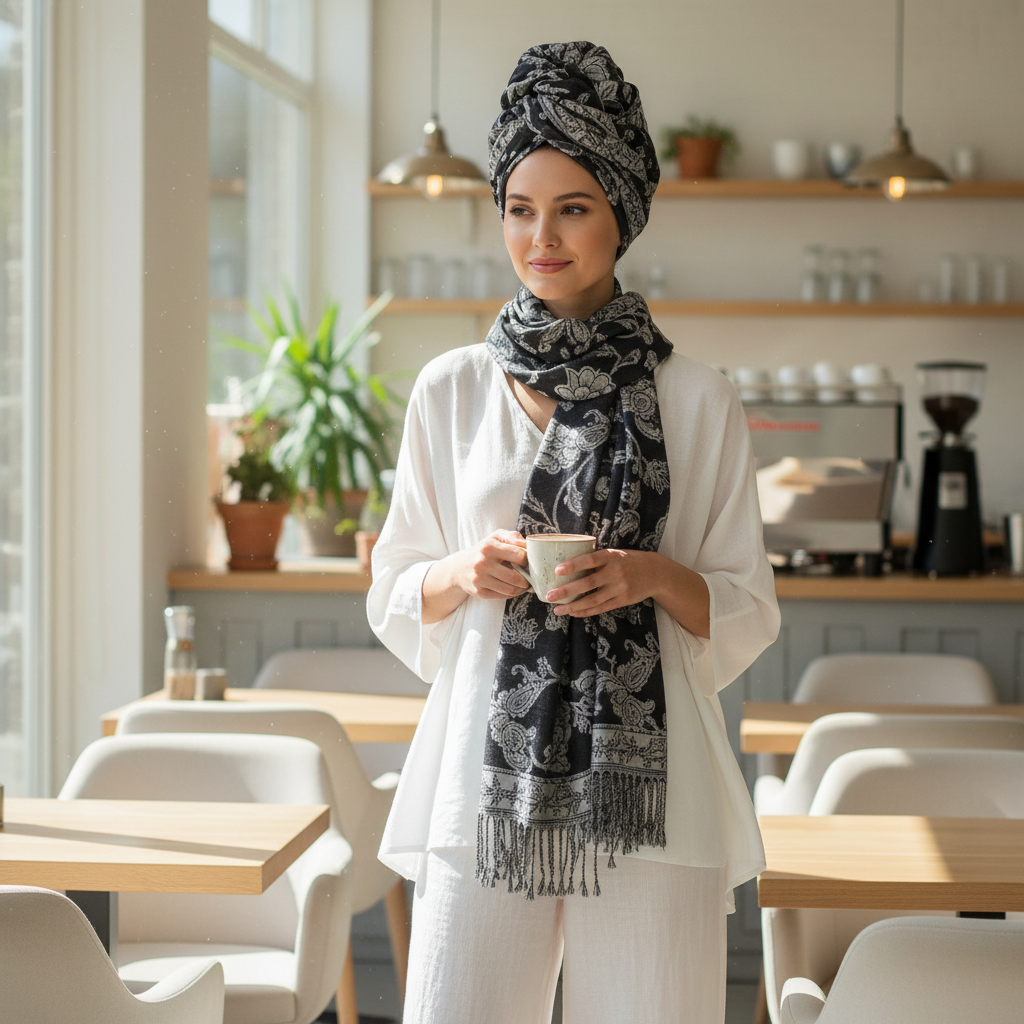 Woman wearing black white silver paisley jacquard scarf tied as head wrap turban with white linen outfit in cafe