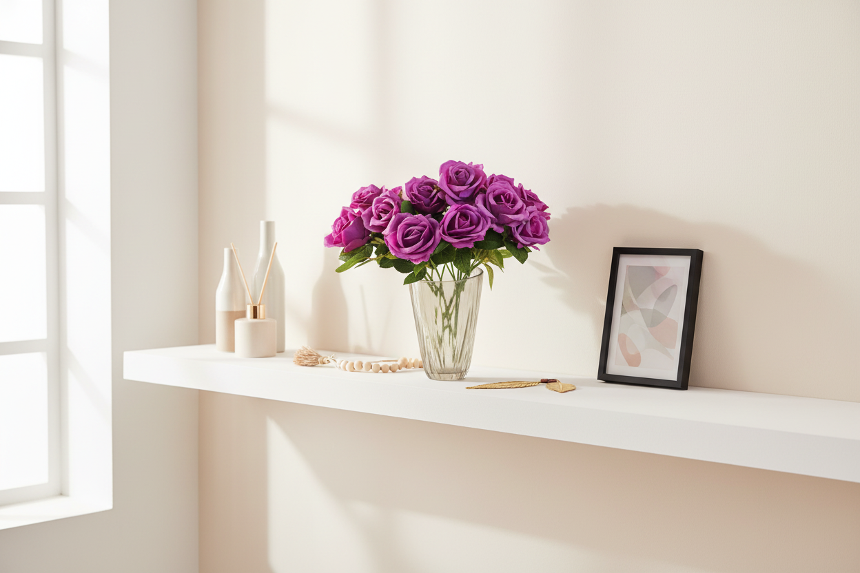 Purple rose bouquet displayed on white shelf with neutral decor, modern romantic home styling