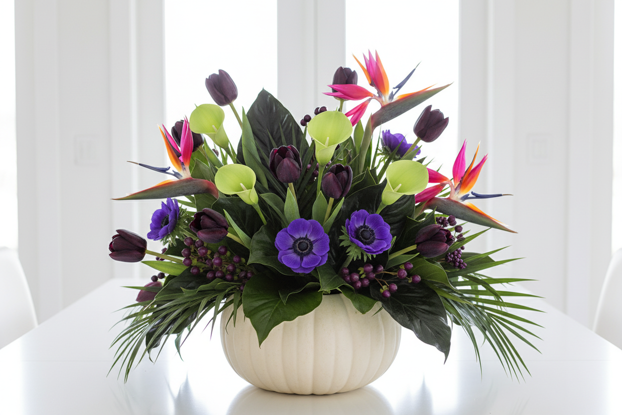 Halloween tropical centerpiece with 5 lime green artificial calla lily stems, black tulips, magenta bird of paradise, and purple anemones arranged in a white hollowed pumpkin with dark elephant ear foliage