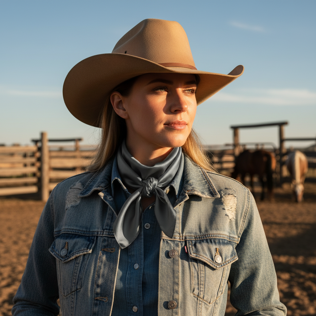 Cowgirl wearing dark gray wild rag scarf with denim jacket and western hat at ranch