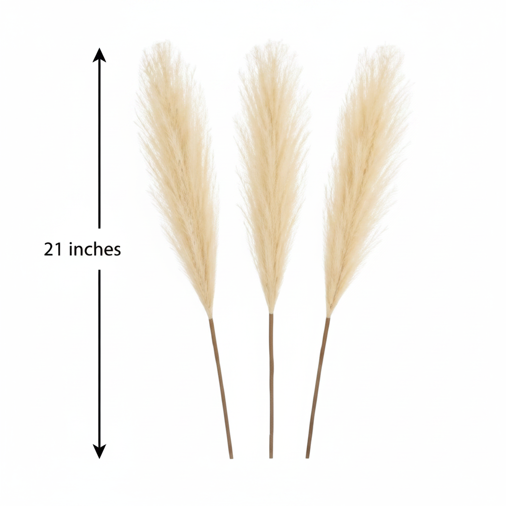Cream beige faux pampas grass 3 stem set measurement diagram showing 21 inches tall on white background