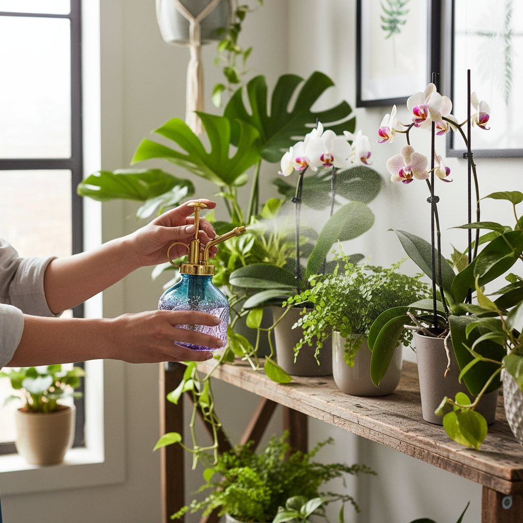 Woman using blue purple gradient glass plant mister with gold pump to mist orchids and tropical houseplants on rustic wooden shelf with botanical decor