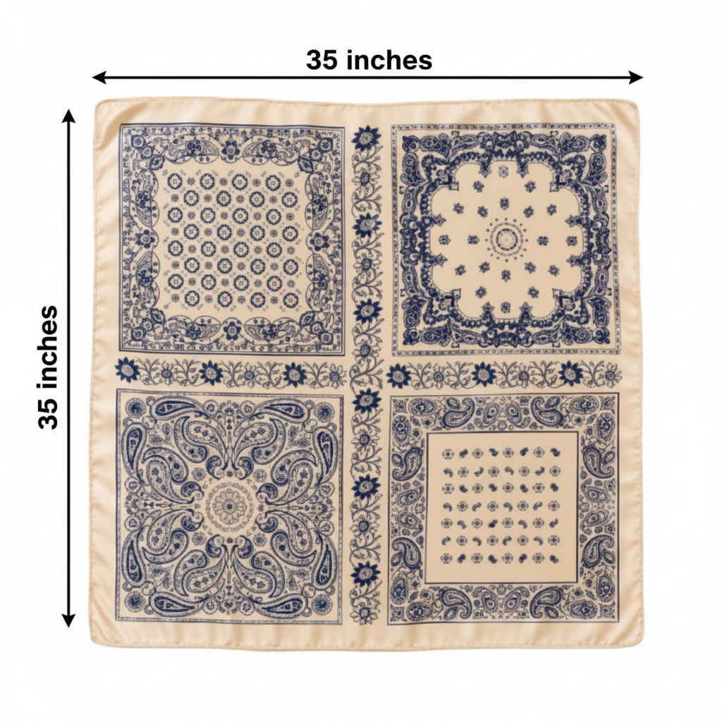 Beige and navy blue paisley square scarf size diagram showing 35 x 35 inch measurements on white background