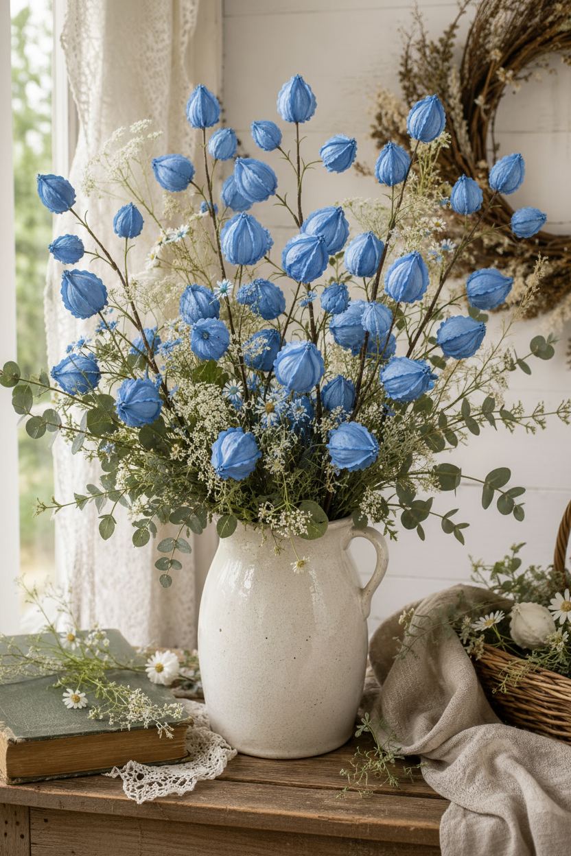 French blue Chinese lantern pod stems arranged in a rustic cream stoneware jug with lace doily, wicker basket, and twig wreath on shiplap wall background