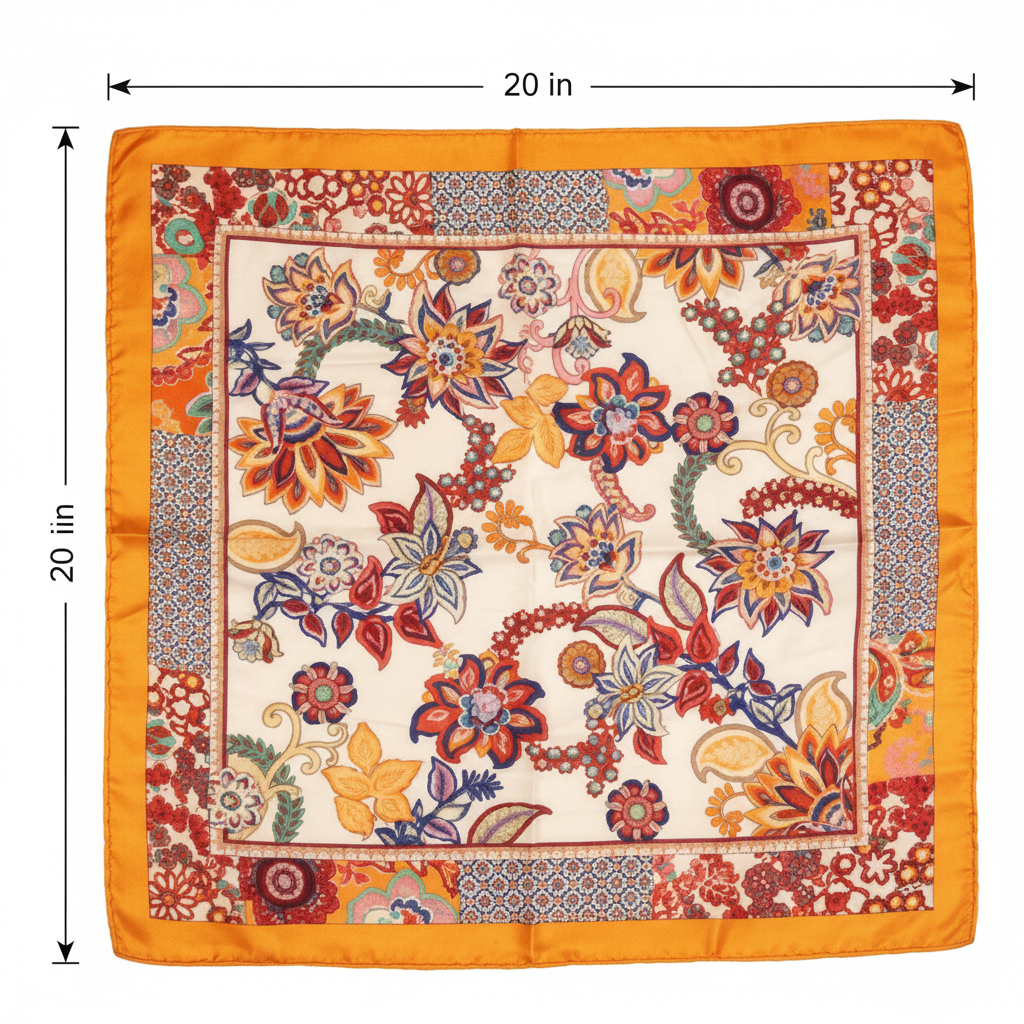 Measurement diagram showing orange floral bohemian square scarf dimensions 20 x 20 inches