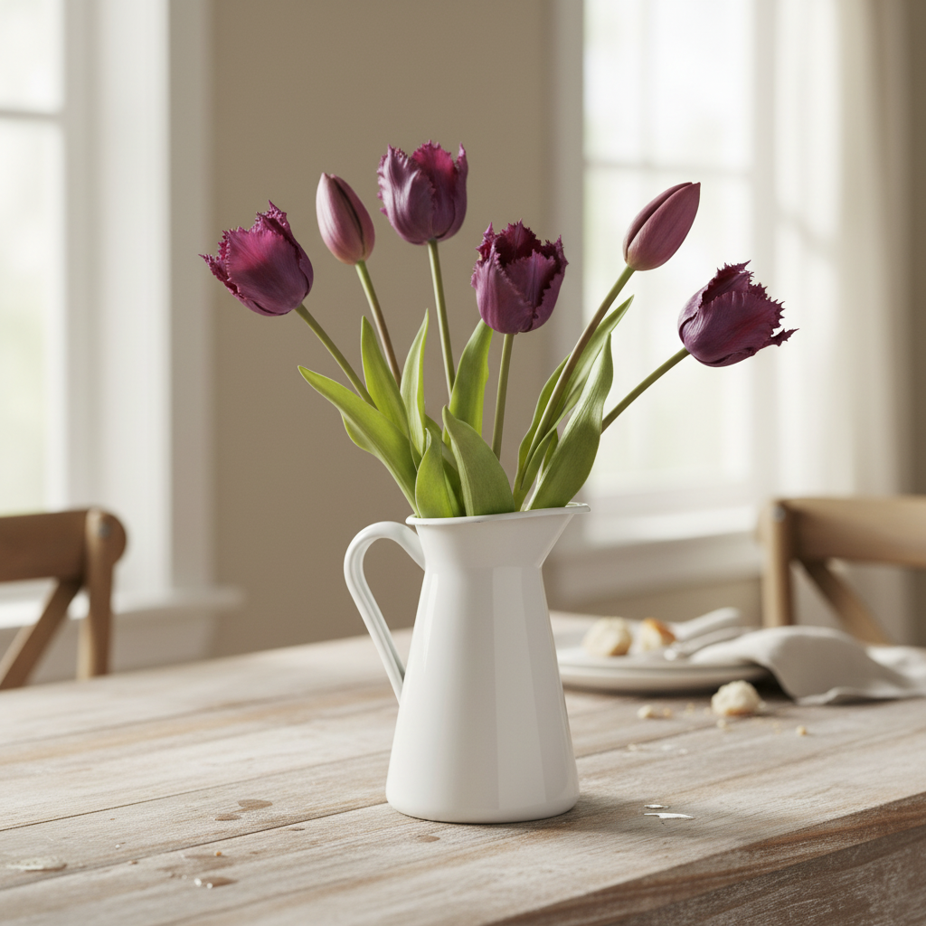 Plum purple artificial tulips in white ceramic pitcher - elegant table centerpiece