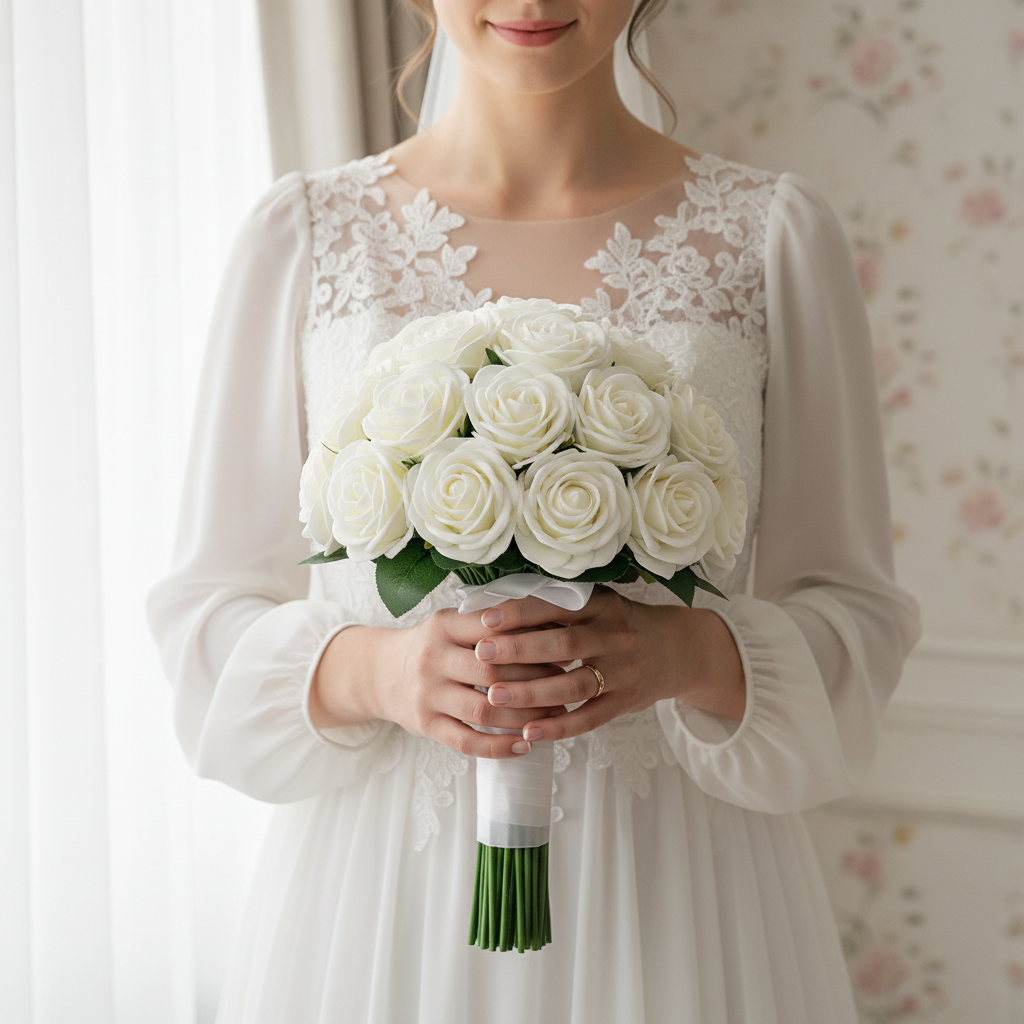 25 white artificial foam roses arranged into an elegant bridal bouquet held by a bride in a white wedding dress