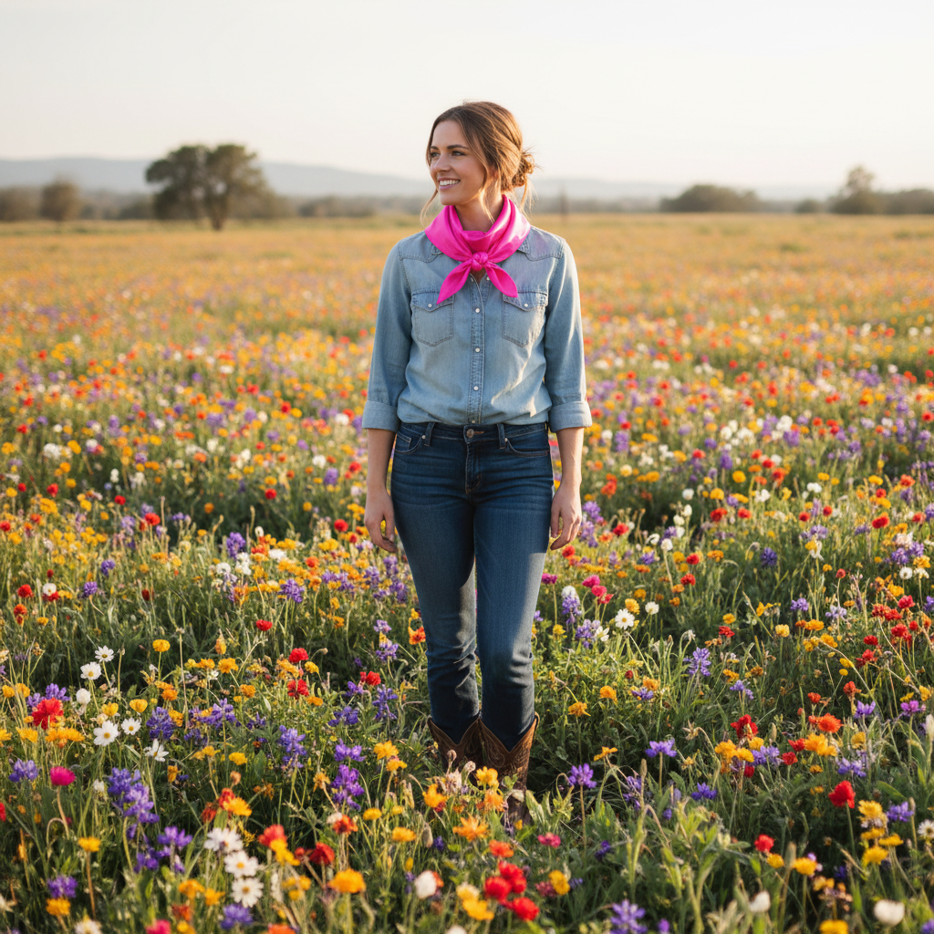 Spring wildflower field lifestyle with woman wearing hot pink satin wild rag scarf, natural sunlight