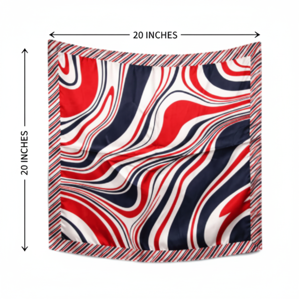 Flat lay size diagram of red white navy blue abstract wave satin square scarf showing 20 x 20 inch measurements with annotation arrows on a white background